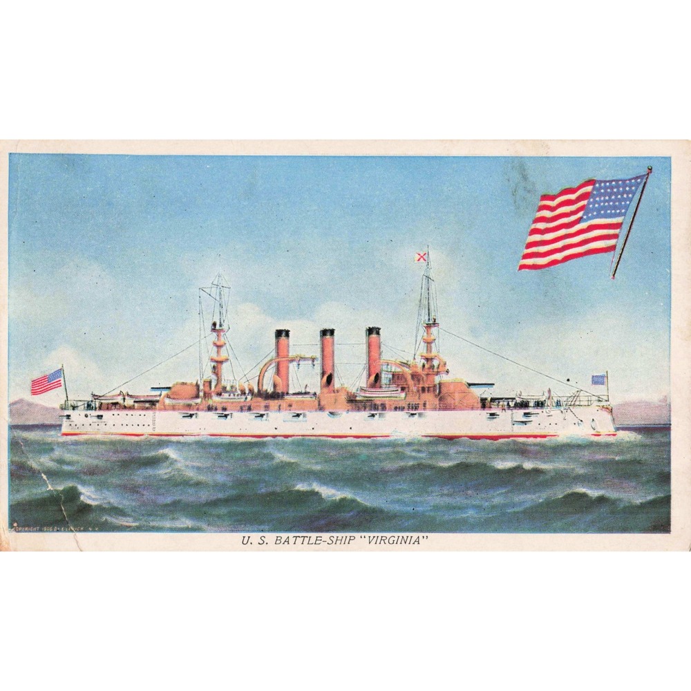 Vtg 1906 USS Virginia BB-13 Battleship Postcard US Navy Pre-Dreadnought Warship